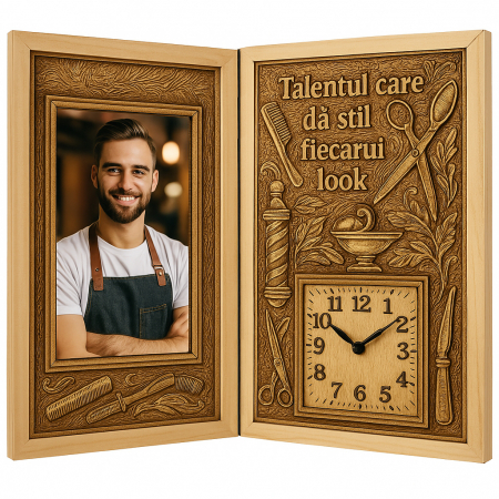 Carti Pe Lemn cu Ceas - Cadou Personalizat pentru Frizer