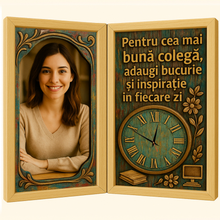 Carti Pe Lemn Vintage Cu Ceas - Tablou Personalizat Cadou Colega-Ceas Functional