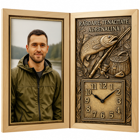 Carti Pe Lemn cu Ceas - Cadou Personalizat pentru Pescar