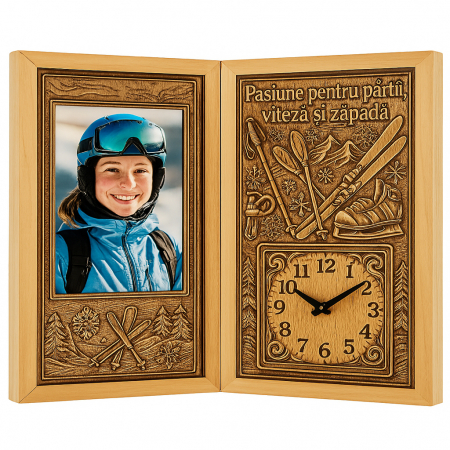 Carti Pe Lemn cu Ceas - Cadou Personalizat pentru Schior