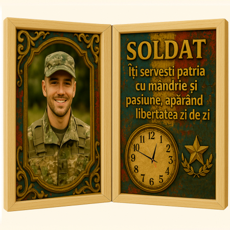 Carti Pe Lemn Vintage Cu Ceas - Tablou Personalizat Cadou Soldat-Ceas Functional