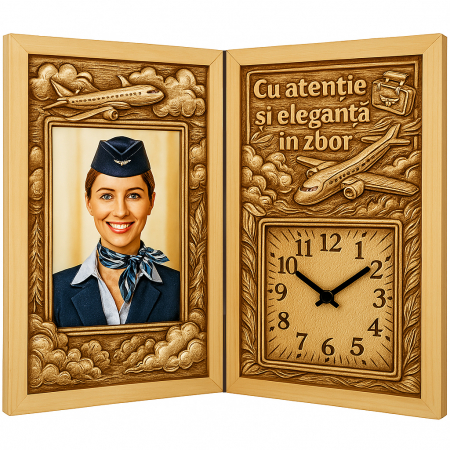 Carti Pe Lemn cu Ceas - Cadou Personalizat pentru Stewardesă