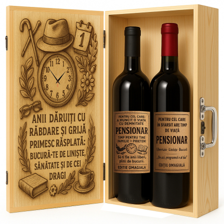 Cutii Vin de Lux - Cutie vin personalizată din lemn – cadou de lux pensionare