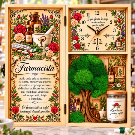 Cadouri Femei - Cadou Farmacistă Personalizat – Cutie Lemn cu Ceas,Lumanaresi Licheni