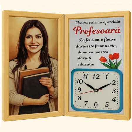 Cadre Didactice - Tablou Cadou Profesoara-Personalizat Pe Lemn +Ceas Tip Carte