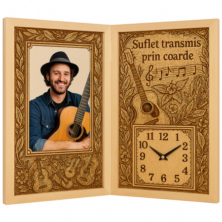 Carti Pe Lemn cu Ceas - Tablou Personalizat Cadou Chitarist