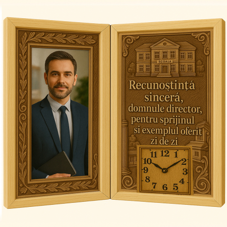 Cadre Didactice - Tablou Personalizat Cadou Director-Carte din Lemn cu Ceas