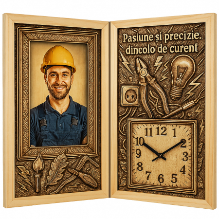 Carti Pe Lemn cu Ceas - Tablou Personalizat Cadou Electrician-Carte din Lemn cu Ceas