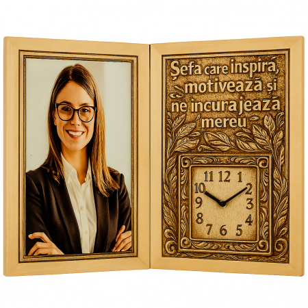 Carti Pe Lemn cu Ceas - Cadou Personalizat pentru Șefă