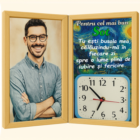 Carti Pe Lemn Color - Tablou Personalizat Cadou Sot-Pe Lemn +Ceas Tip Carte