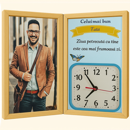 Carti Pe Lemn Color - Tablou Personalizat Cadou Tata-Pe Lemn +Ceas Tip Carte