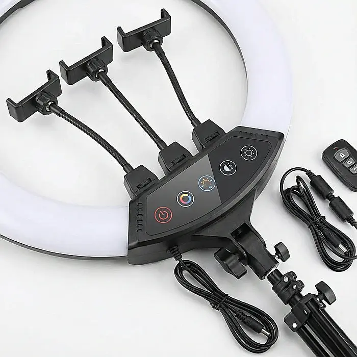 Lumină Circulară LED Profesională cu Trepied Reglabil (72–190 cm) – Diametru 45 cm, 416 LED-uri, 65W, 3 Suporturi Telefon și Telecomandă: Studio Foto-Video Complet la Tine Acasă [4]
