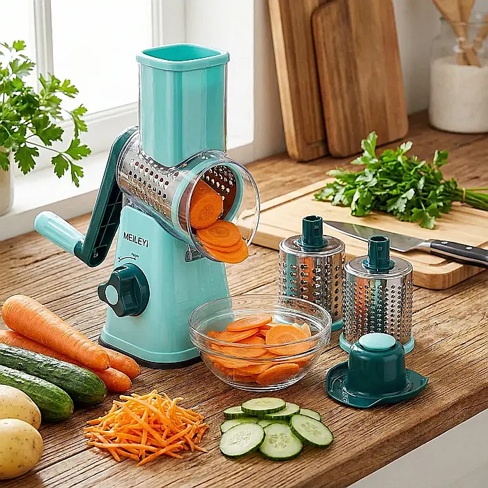 Răzătoare multifuncțională cu 3 lame rotative inox și 2 accesorii pentru ras și feliat legume, design compact și ușor de curățat [3]