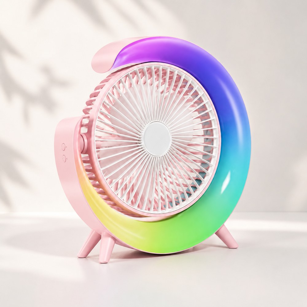 Mini Ventilator Portabil cu LED RGB, 3 Viteze, 5 Moduri de Iluminare, Ajustare 180°, Alimentare USB, Roz [2]