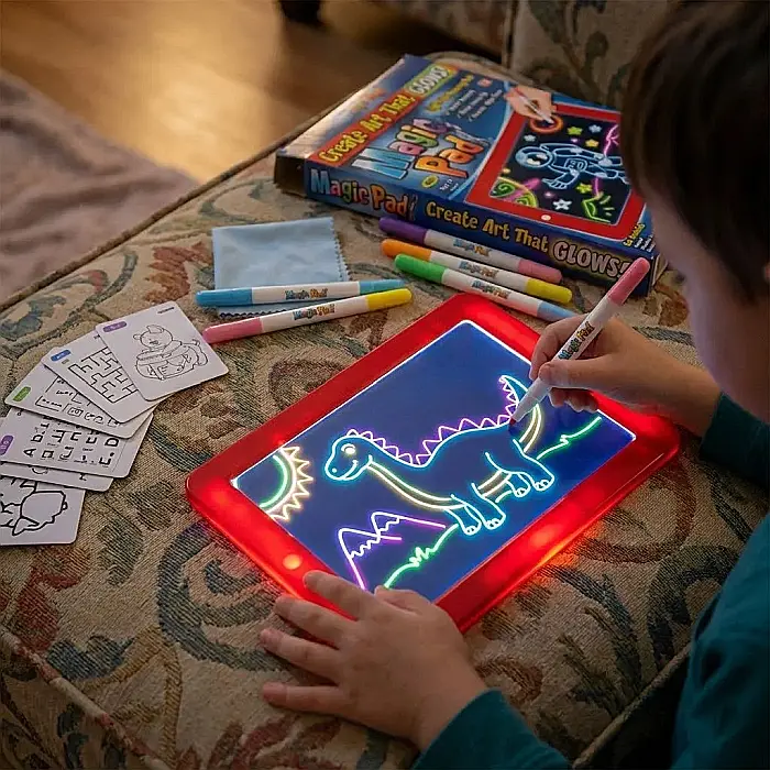 Planșă Magică pentru Desenat cu LED – 8 Efecte Luminoase Colorate, Ecran Transparent, 14 Schițe de Desen, 4 Carioci Fluorescente și Design Portabil: Universul Creativității și al Învățării fără Mizeri [2]