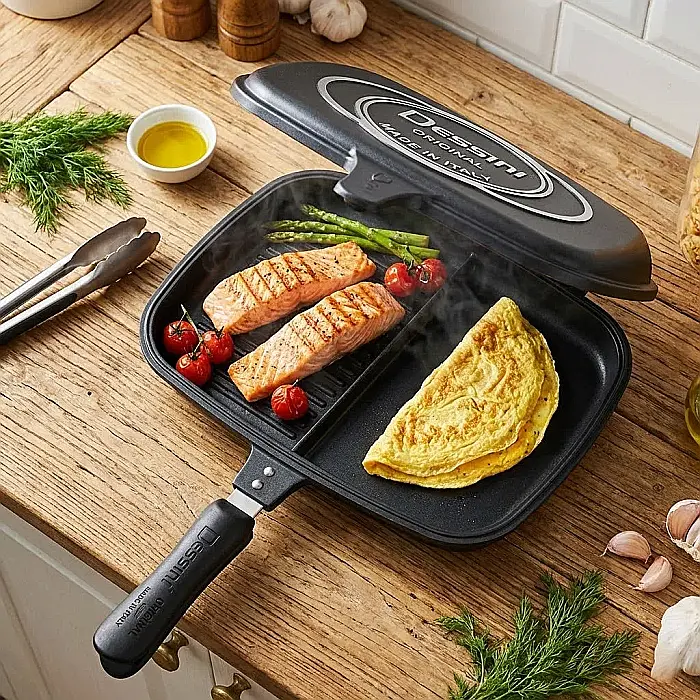 Tigaie Dublă Gourmet Evolution 36 cm – Suprafață Antiaderentă Grill și Clasică, Aluminiu Turnat, Strat Non-Stick Marmorat, Mâner cu Magnet și Garnitură Silicon: Excelență Culinară, Gătire Fără Fum și  [2]