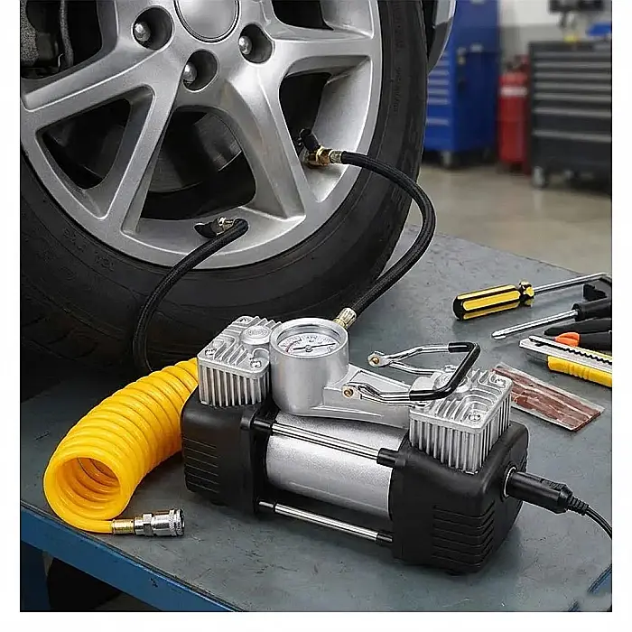Kit Reparație Pană Auto cu Compresor Puternic 12V – 2 Cilindri, 7 Accesorii, Debit 40 l/min, Furtun 5m și Manometru Integrat: Soluția Completă pentru Siguranță și Mobilitate [2]