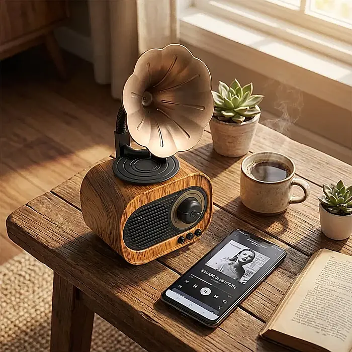 Boxă Portabilă Retro Gramofon – Bluetooth 4.0, USB/TF/AUX, Baterie 1200 mAh, Design Vintage Lemn, Sunet Clar și Bas Profund, Dimensiuni 11×23 cm [2]