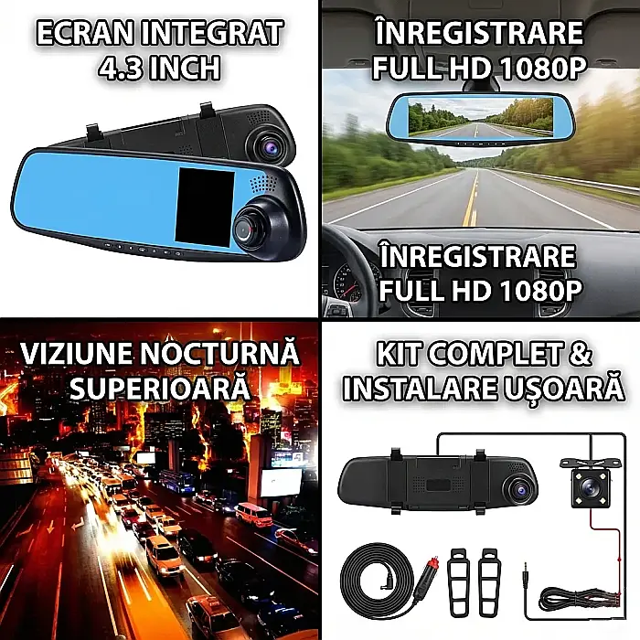 Oglindă Retrovizoare cu Cameră Auto Full HD – Unghi 120°, Senzor Mișcare, LED Noapte, Montaj Peste Oglinda Originală, Alimentare 12V, Compatibilă microSD până la 32GB [4]