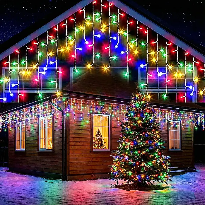 Set 3 Instalații Franjuri Multicolor pentru Crăciun – 3 x 13 m, Total 39 m, 300 LED-uri Tip Turturi, Perdea Luminoasă Interconectabilă, Interior și Exterior [2]