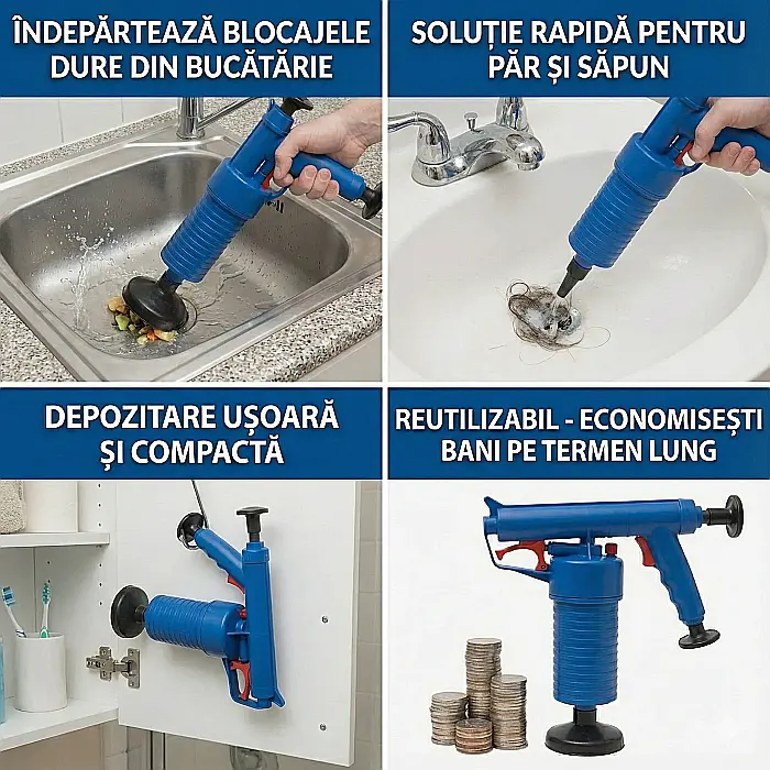 Pistol cu Aer Comprimat pentru Desfundarea Țevilor și Chiuvetelor – Presiune 0,8 Mpa, cu 4 Adaptoare Universale [2]
