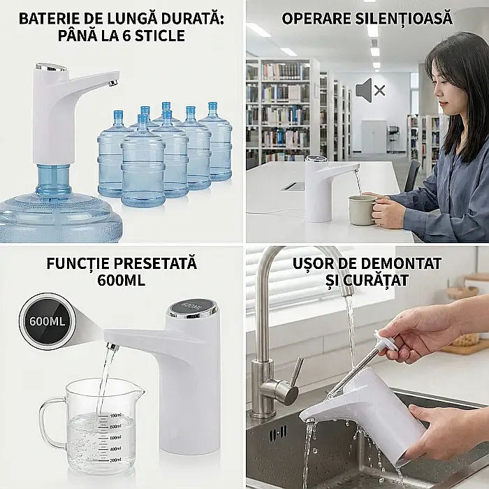 Dozator Electric Reîncărcabil de Apă, Compatibil Bidoane 18,9L, Pompare 600 ml/Apăsare, Putere 5W, Alb, Baterie Incorporată, Încărcare USB [3]