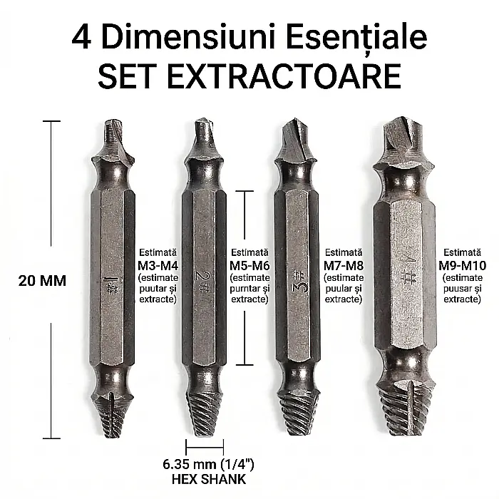 Set 4 Extractoare Șuruburi Deteriorate sau Rupte – Oțel de Înaltă Rezistență, 4 Mărimi Universale, Soluție Rapidă pentru Șuruburi Blocate, Include Cutie Depozitare [2]