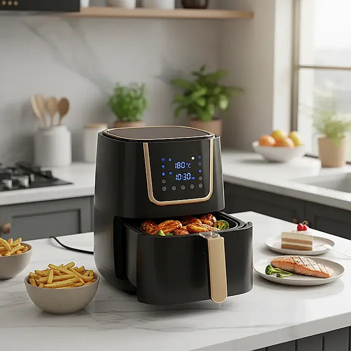 Friteuză cu Aer Cald fără Ulei – 2400W, Capacitate 6L, Funcții de Prăjire, Coacere și Gătire Rapidă, Panou Analogic, Coș Detasabil Antiaderent [3]