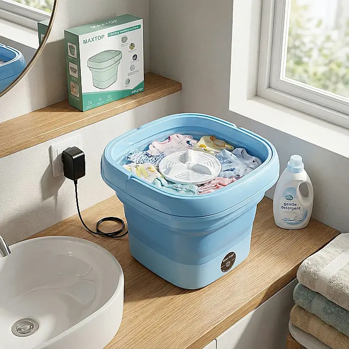 Mini Mașină de Spălat Rufe Portabilă și Pliabilă – 9L, Capacitate 2kg, Tehnologie Turbină cu Ultrasunete, Funcție Stoarcere și Drenaj Automat, Ideală pentru Lenjerie, Haine Copii și Călătorii [2]