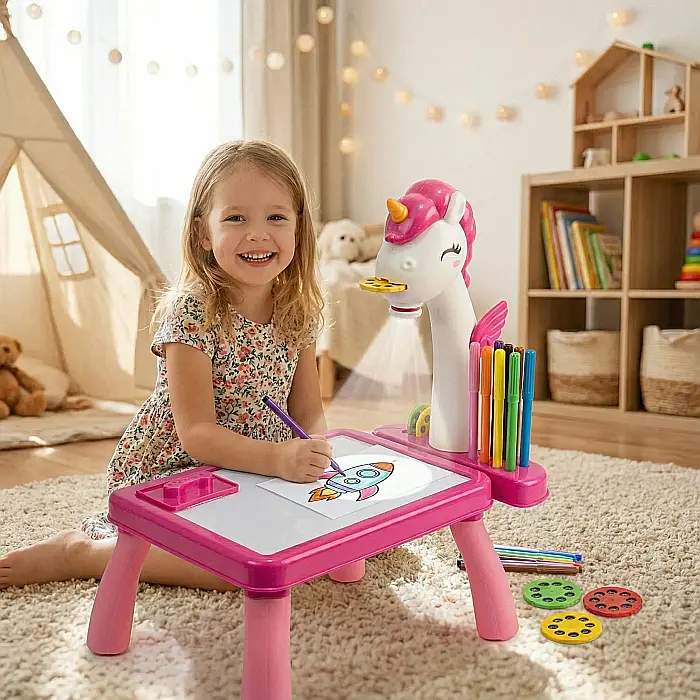 Set Proiector de Desen Unicorn pentru Copii – 24 Șabloane, Masă Luxma Alb/Roz, 12 Markere, Plastic Durabil, 31x21x19 cm, Dezvoltă Creativitatea și Îndemânarea [2]