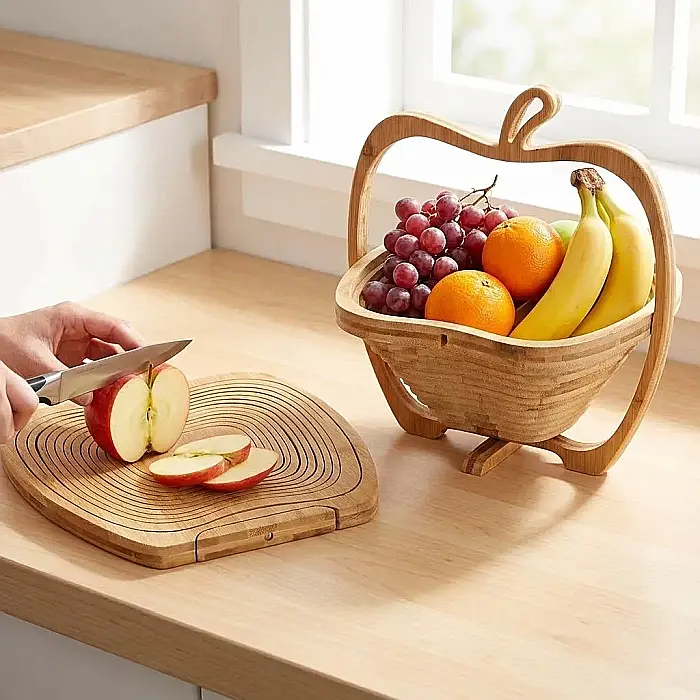 Coș Pliabil din Bambus în Formă de Măr – Suport Multifuncțional 3-în-1 (Coș, Tocător, Suport Vase), Material Ecologic Antibacterian și Design Elegant: Stil Natural și Organizare Inteligentă pentru Buc [4]