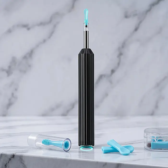 Dispozitiv Curățare Urechi BOMSTOM – Cameră 1080P HD, 6 LED-uri, 360° Unghi, Silicon Moale, 2 Lingurițe de Schimb, Reîncărcabil USB, Negru [2]