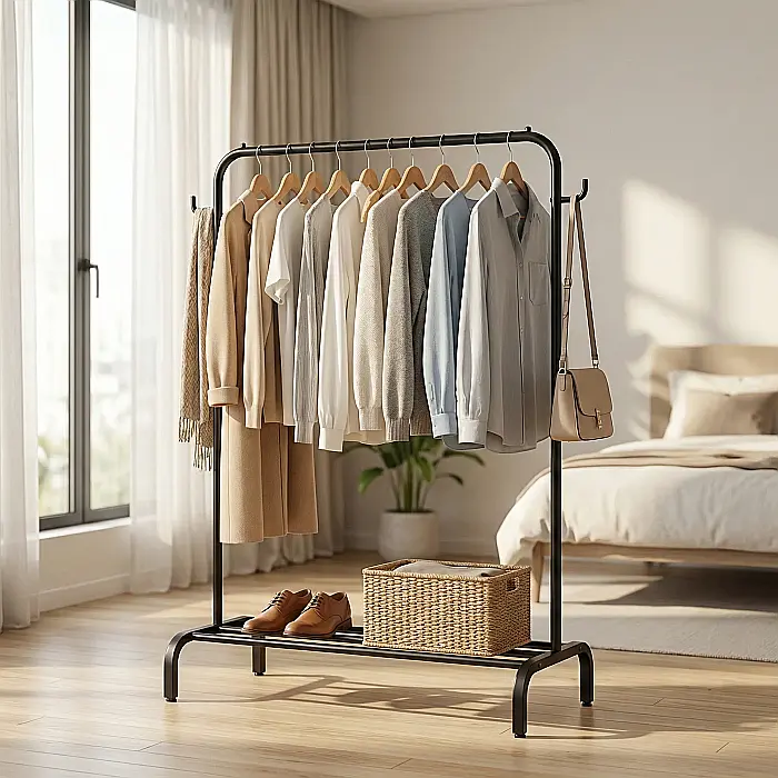 Suport Mobil pentru Umerașe și Accesorii – Structură Metalică Rezistentă, 150x96x45 cm, Roți cu Frână, Raft Pantofi și Cuiere Laterale, Negru [2]