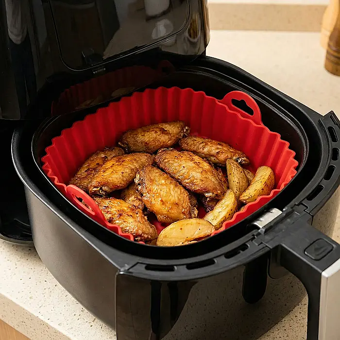 Tavă Silicon Reutilizabilă pentru Friteuză Air Fryer – Set Accesorii Gătit, Dimensiuni 20×4.5 cm și 16×4.5 cm, Rezistentă la 230°C, Anti-aderentă, Compatibilă Mașină de Spălat Vase [3]