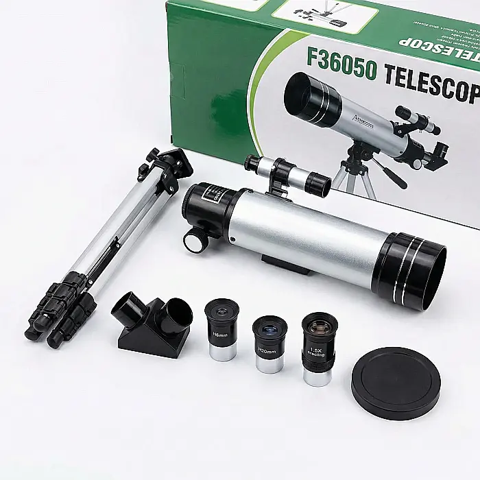 Telescop Astronomic Profesional 360 mm – Lentilă 50 mm, Prisme 90°, Oculare H20mm & H6mm, Trepied Aluminiu 38 cm, Portabil, Ideal pentru Începători și Observații Lunare, Argintiu [2]