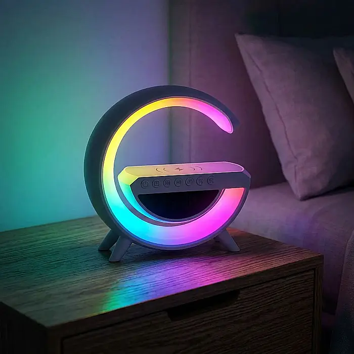 Boxă Bluetooth Multifuncțională 3 în 1 – Lampa LED RGB, Încărcător Wireless Telefon, Redare Bluetooth/AUX/USB/MicroSD, Radio FM, Alb [4]