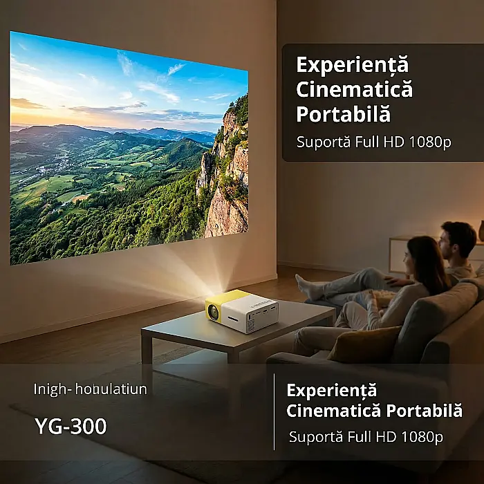 Proiector Filme Portabil LED YG-300 – Rezoluție Full HD 1080p, Luminozitate 400-600 Lumeni, Compatibil HDMI, USB, TF Card, Audio 3.5mm, Galben [2]
