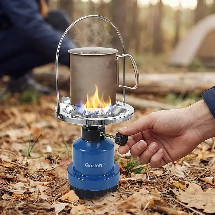 Gozlerr™ Aparat Portabil de Gătit – Mini Aragaz de Camping cu Protecție Antivânt, Grătar Ergonomic și Reglaj Flacără, Ușor și Compact, Albastru [2]