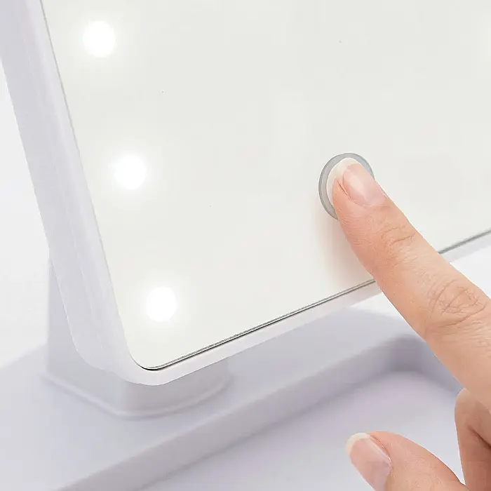 Oglindă pentru Machiaj NAGO cu 16 LED-uri, Buton Tactil, Efect de Mărire, Rotire 180°, Bază cu Suport pentru Bijuterii, Dimensiuni 17x12x27 cm, Culoare Albă [2]