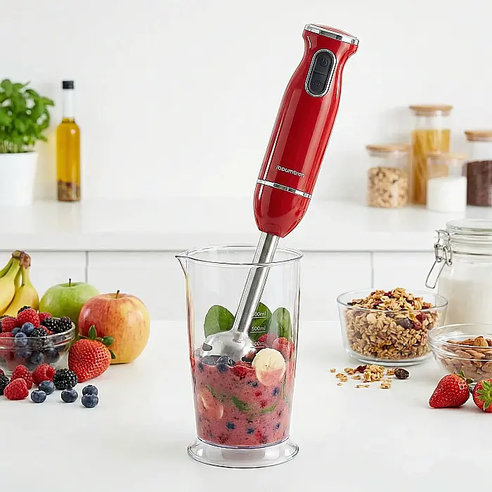 Set Blender de Mână Profesional 5 în 1 – 500W, Lame Inox, Trepte de Viteză, Cană 500 ml, Tocător 500 ml, Tel, Accesoriu Spumare Lapte, Multifuncțional și Silențios, Roșu Vibrant [2]