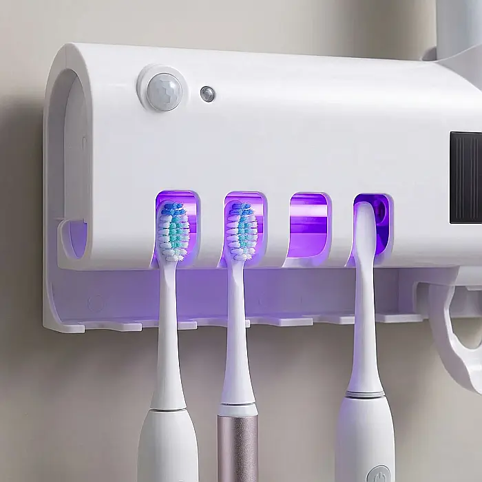 Suport cu Sterilizator UV pentru Periuțe de Dinți și Dozator de Pastă – Capacitate 5 Periuțe, Montaj cu Adeziv, Igienizare Antibacteriană, Tehnologie UV, Alb-Albastru [2]