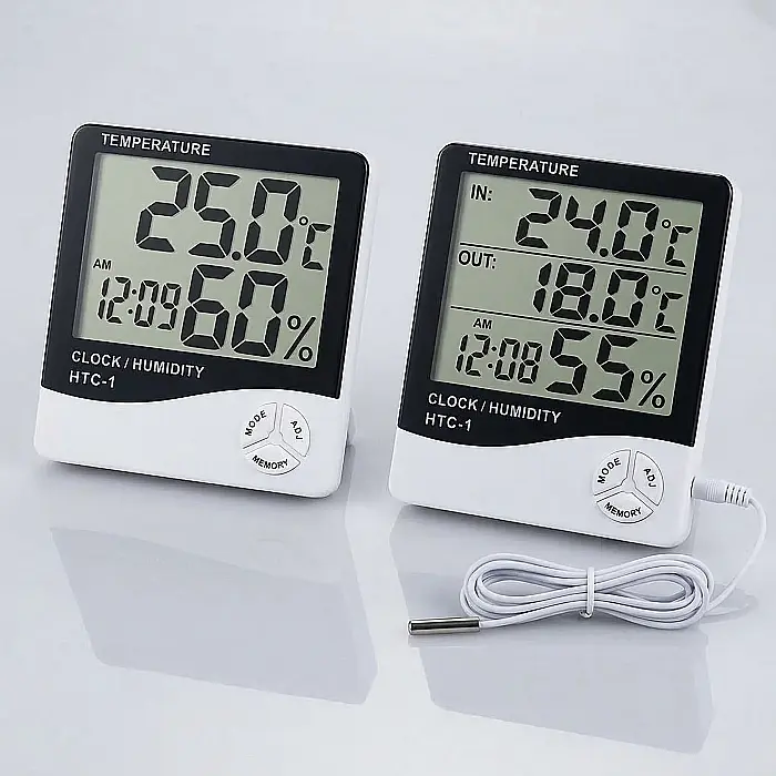 Termometru și Higrometru Digital de Cameră – Afișaj Temperatură și Umiditate, Ceas cu Alarmă, Senzori Duali, Montaj pe Perete sau Suport de Birou, Ecran LCD [2]