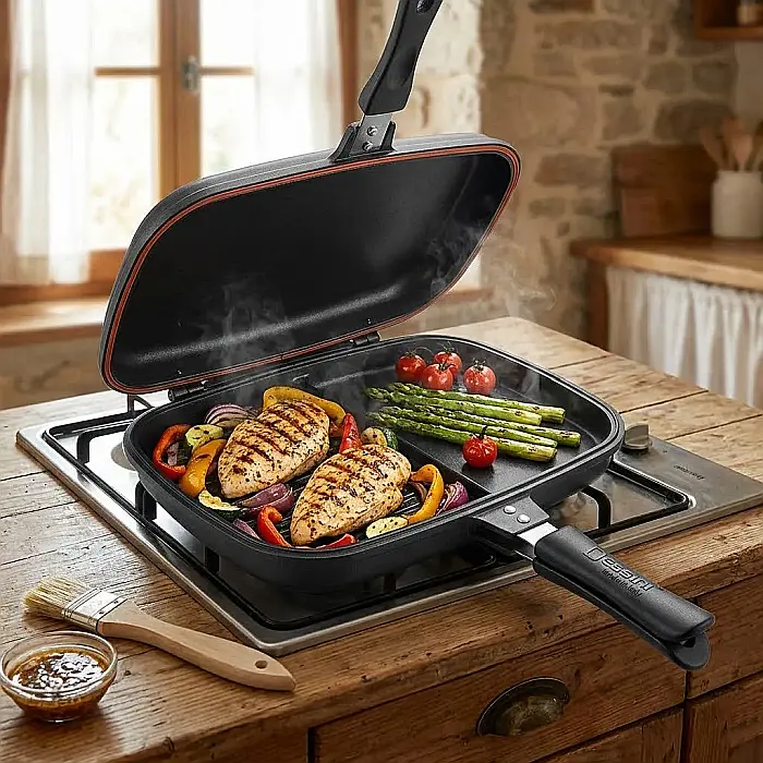 Tigaie Dublă Gourmet Evolution 36 cm – Suprafață Antiaderentă Grill și Clasică, Aluminiu Turnat, Strat Non-Stick Marmorat, Mâner cu Magnet și Garnitură Silicon: Excelență Culinară, Gătire Fără Fum și  [4]