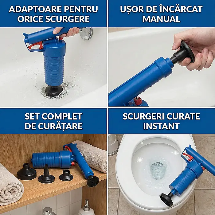 Pistol cu Aer Comprimat pentru Desfundarea Țevilor și Chiuvetelor – Presiune 0,8 Mpa, cu 4 Adaptoare Universale [4]