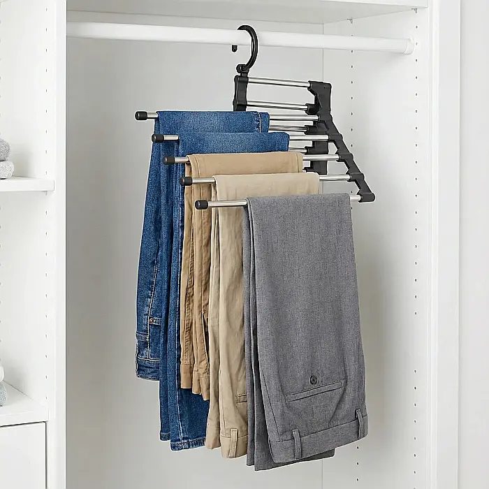 Umeraș Organizator pentru Pantaloni Palmonix: 5 Brațe Extensibile, Oțel Rezistent și Design Compact pentru Maximizarea Spațiului [2]