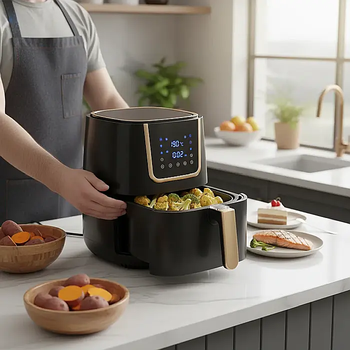 Friteuză cu Aer Cald fără Ulei – 2400W, Capacitate 6L, Funcții de Prăjire, Coacere și Gătire Rapidă, Panou Analogic, Coș Detasabil Antiaderent [2]