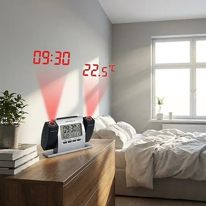 Ceas Multifuncțional cu Proiecție pe Tavan – Afișaj LCD, Ora, Data și Temperatură, Alarmă cu Snooze, 2 Proiectoare Reglabile și Design Modern: Control Total și Vizibilitate Maximă în Orice Moment al Z [3]