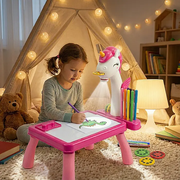 Set Proiector de Desen Unicorn pentru Copii – 24 Șabloane, Masă Luxma Alb/Roz, 12 Markere, Plastic Durabil, 31x21x19 cm, Dezvoltă Creativitatea și Îndemânarea [4]