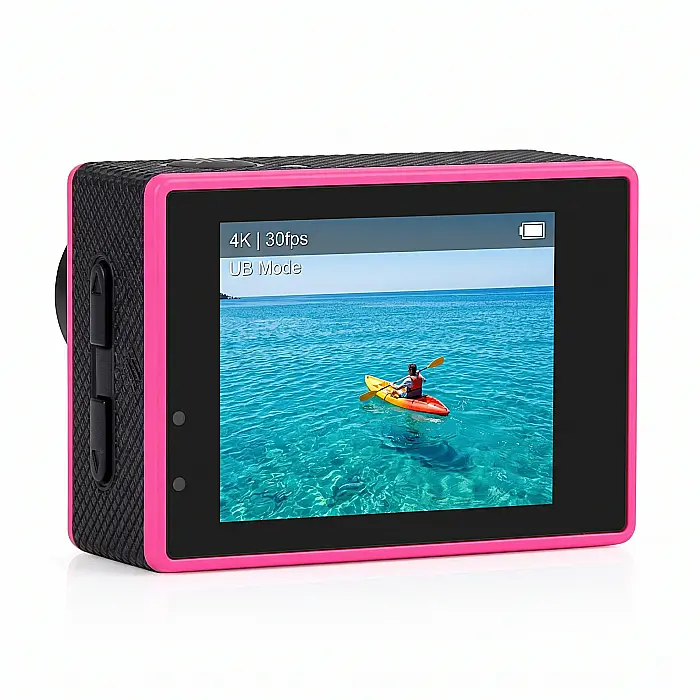 Cameră Sport 4K Ultra HD UB – Rezistentă la Apă (30m), Carcasă Roz, Unghi Larg 170°, Foto 20MP, Wi-Fi, Funcție Slow Motion, Set Complet Accesorii Montare [4]