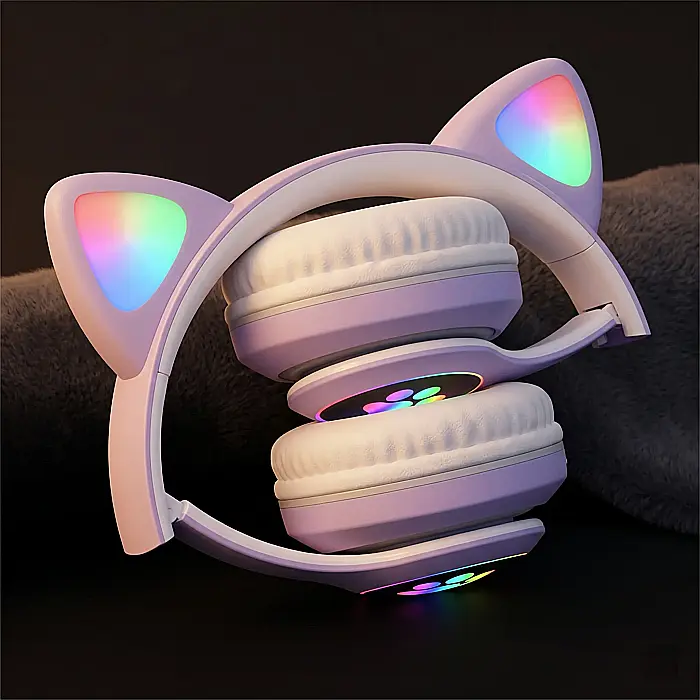 Căști Bluetooth Pliabile cu Design Pisică RGB – Versiune V5.0, Microfon Integrat, Slot Card SD, Jack 3.5 mm, Baterie 400 mAh, Autonomie 8h, Compatibile Telefon, Laptop și Tabletă, Culoare Curcubeu [4]